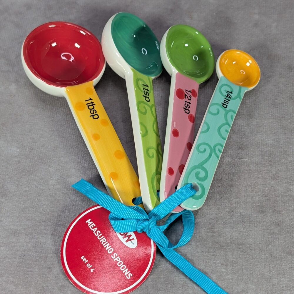 Colorful Ceramic Measuring Spoons Set of 4 Boston Warehouse Polka Dots & Swirls